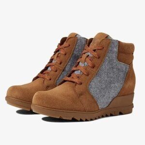 Sorel Evie Ankle Lace-up Wedge Platform Booties, Tan Brown/ Gray Suede, size 7.5